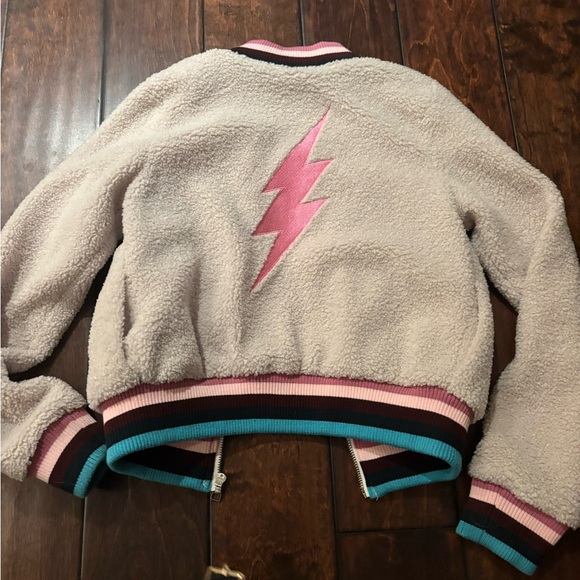 Spiritual Gangster Cream and Pink Puffer Jacket with Lightning Bolt - Picture 1 of 5